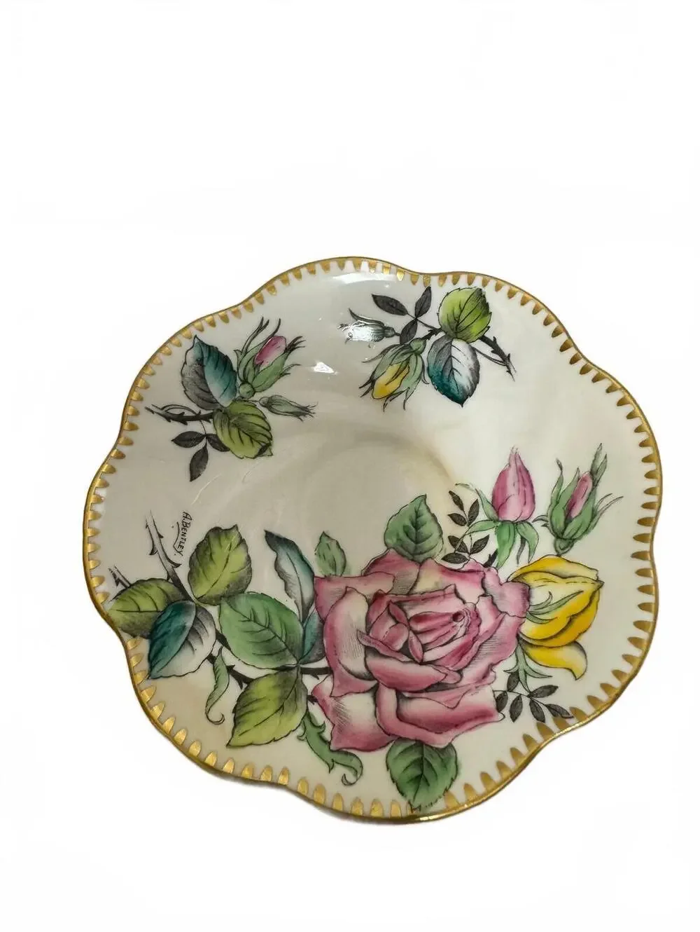Vintage Rosina English Bone China Floral Saucers & A. Bentley Rose Dish Lot of 3
